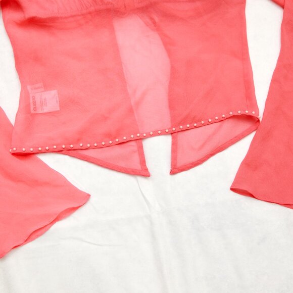 Danielle Guizio Long Sleeve Pearl Trim Top In Punch Silk Size XS - Picture 9 of 14
